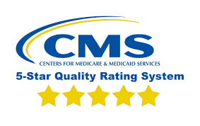 Image that has the acronym CMS and says 5 star quality rating system and has five yellow stars under the words.