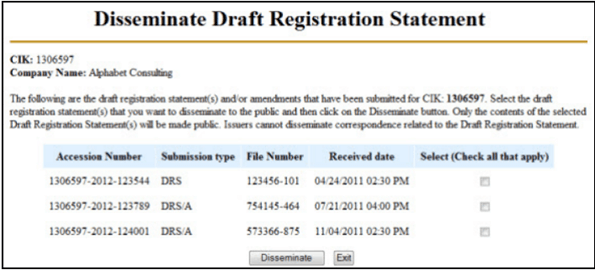 Review the Disseminate Draft Registration Statement page and check each DRS and DRS/A submission you want to disseminate.