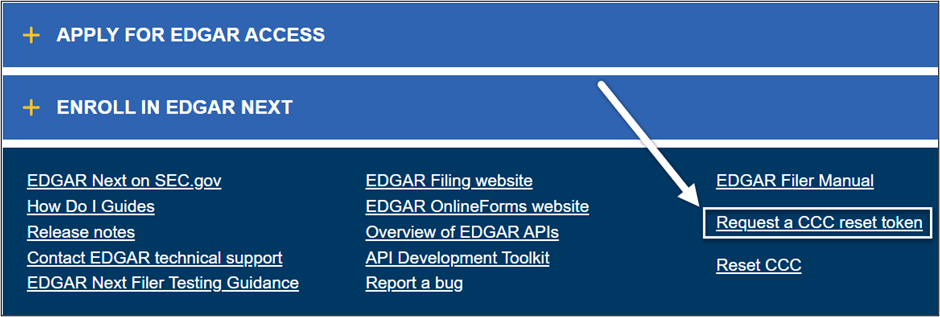 Navigate to the bottom of the EDGAR Filer Management website to request a CCC reset token