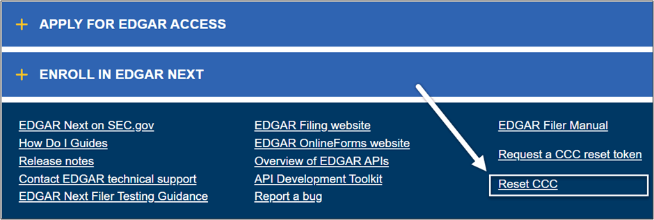 Navigate to the bottom of the EDGAR Filer Management website to reset the CCC