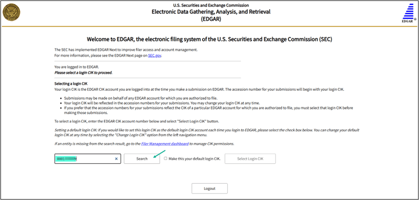 Search and select a login CIK on the EDGAR Filing Website