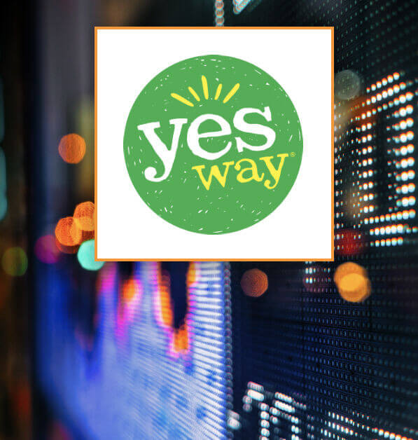 Yesway logo overlaid on a background of colorful digital stock ticker lights.