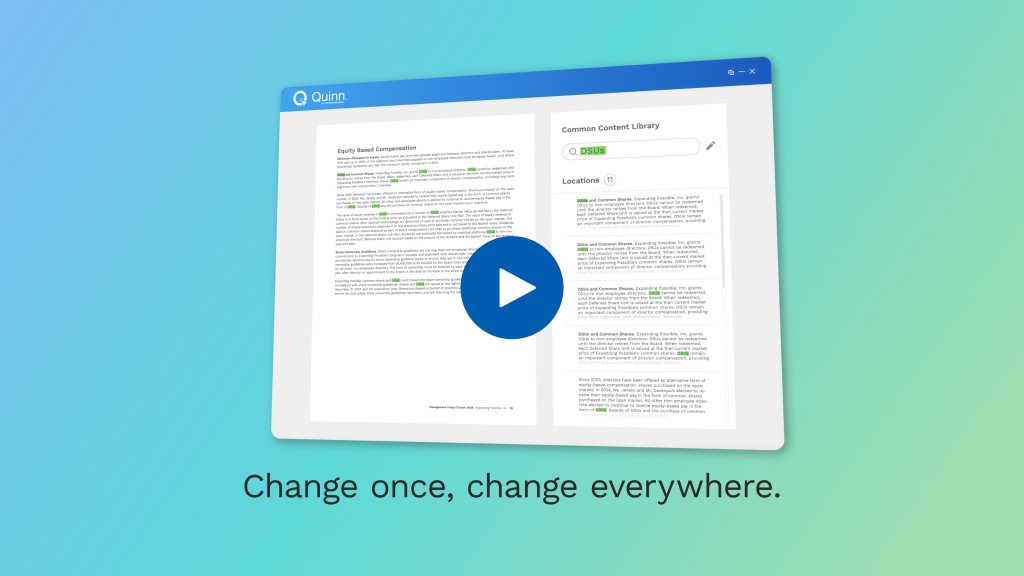 Quinn platform interface with document editor on a gradient blue-green background.