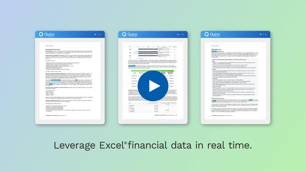 Quinn platform displays financial documents, emphasizing real-time Excel data use.