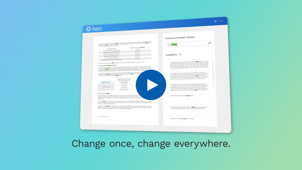 Interface of Toppan Merrill's Quinn platform for document management on gradient background.