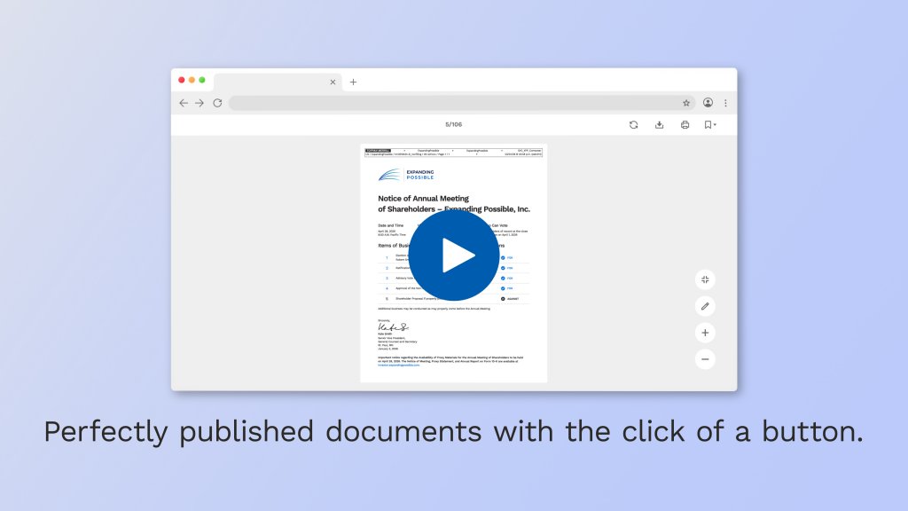 Document thumbnail in a browser window with a blue play button overlay.