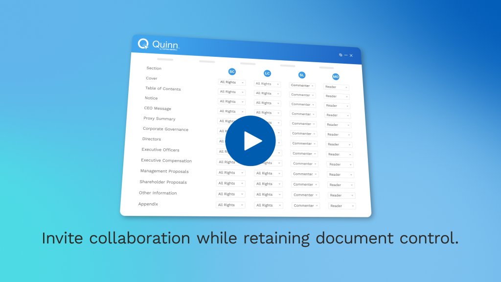Quinn platform interface screenshot with document control options and blue background.
