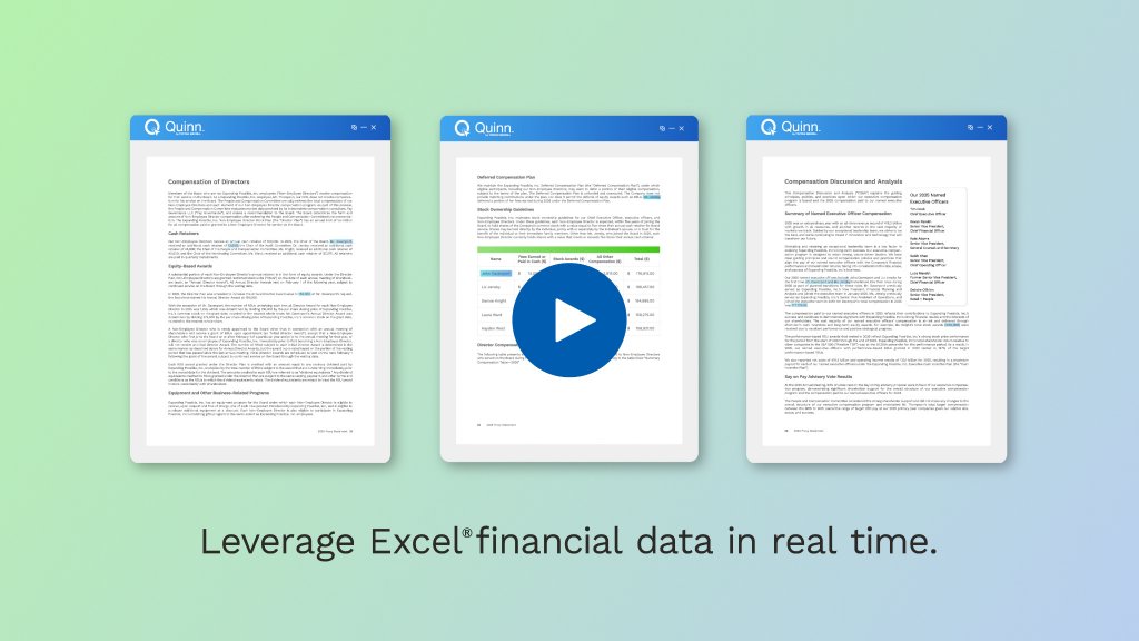 Quinn platform interface showcasing financial documents with Excel integration.
