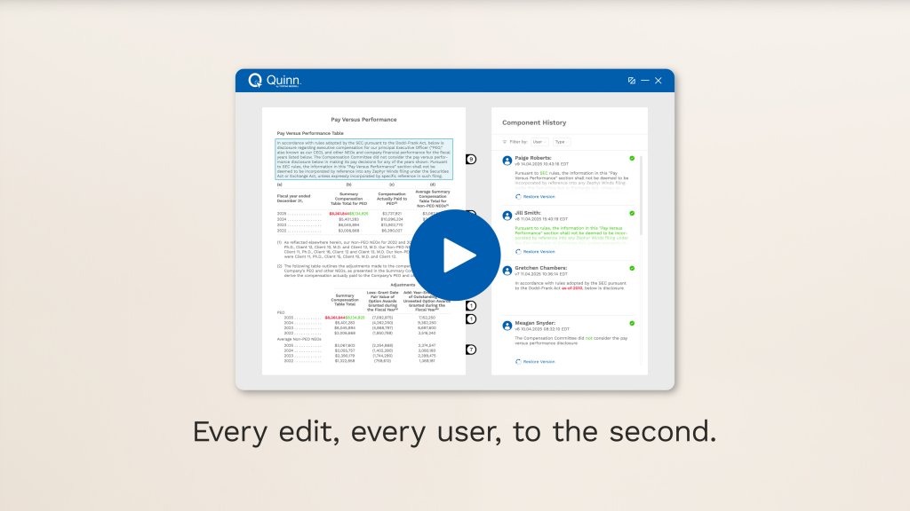 Quinn platform interface showing document editing and user activity details.