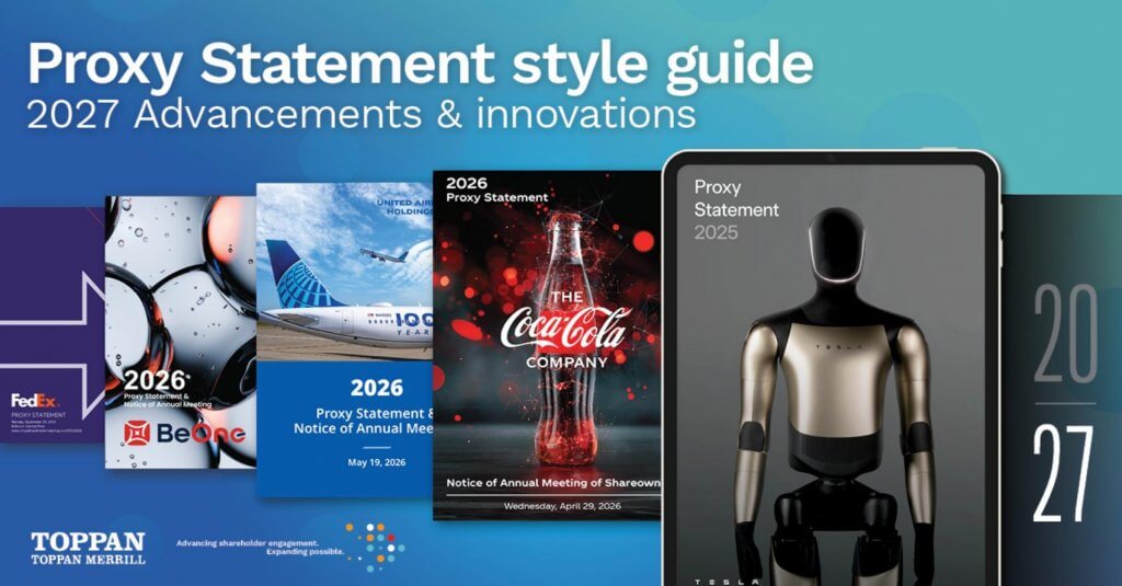 Proxy Statement style guide 2027, featuring company covers and a robotic figure on a tablet.