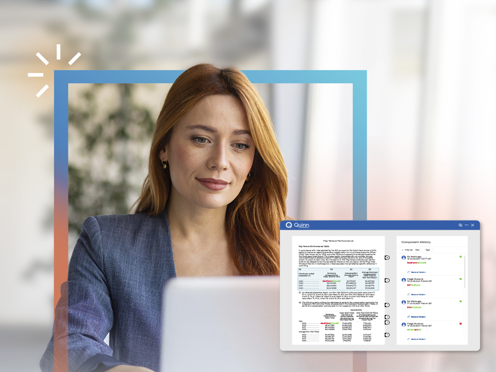 Person at a laptop using Quinn platform for document management, blue overlay.