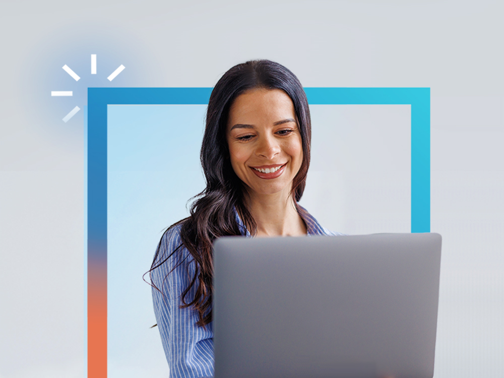 Person smiling at a laptop, framed by a blue and orange gradient border.